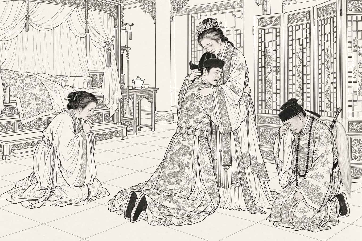 仿清末石印本的線描：寢宮裡，年輕的仁宗跪在地上，撲在生母李太后懷裡痛哭，太后彎身抱著他流淚；狄後跪在床前合掌，老太監陳林跪在一旁拭淚。