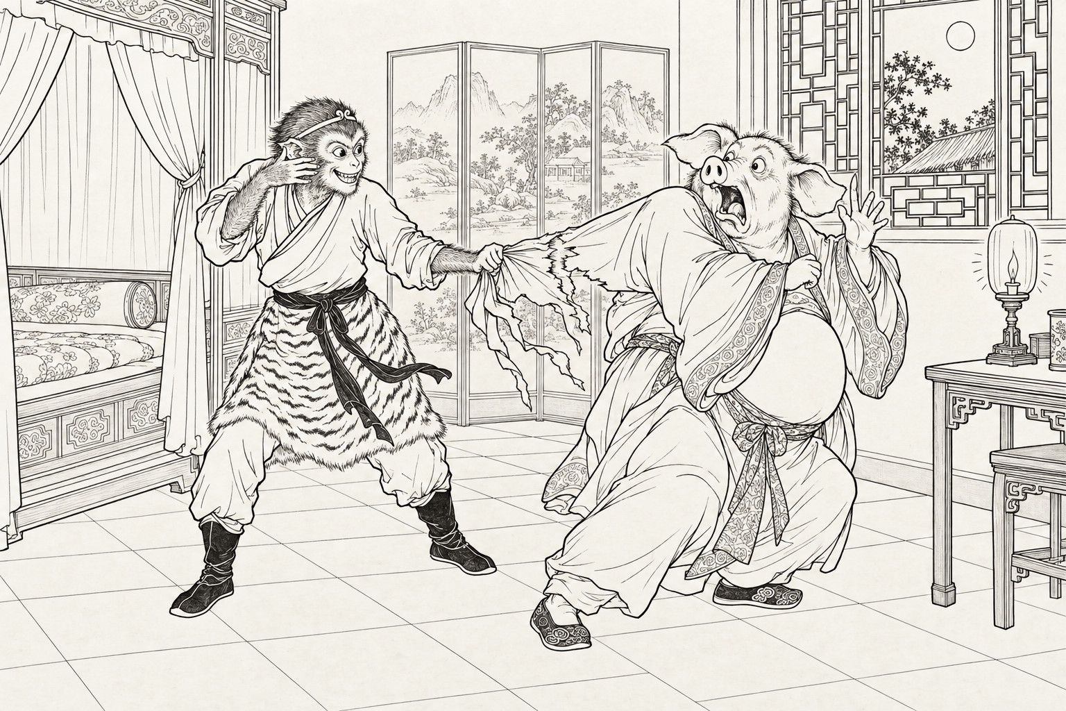 A line drawing in the manner of a late-Qing lithographed edition: in a bedchamber at night, Sun Wukong, who has wiped his face and shown himself, grips the sleeve of the pig-faced monster Zhu Bajie, whose gown is tearing at the seam as he leans away with his ears flung back and his mouth open in horror; a curtained bed, a folding screen, a lamp and a window with the moon in it stand around them.