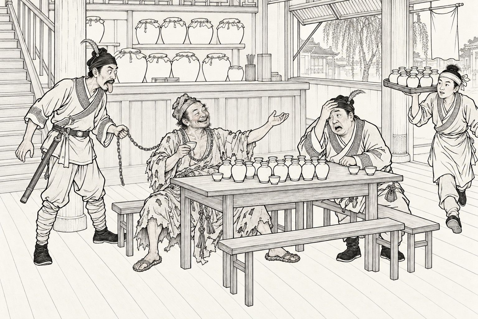 A line drawing in the manner of a late-Qing lithographed edition: in a wine shop, a ragged monk with an iron chain over his shoulders sits at a table crowded with small wine pots, raising a cup and beckoning with one hand; at the left a constable holding the chain sticks out his tongue, a second constable at the table clutches his forehead, and a shop boy hurries in from the right with a tray of wine pots.