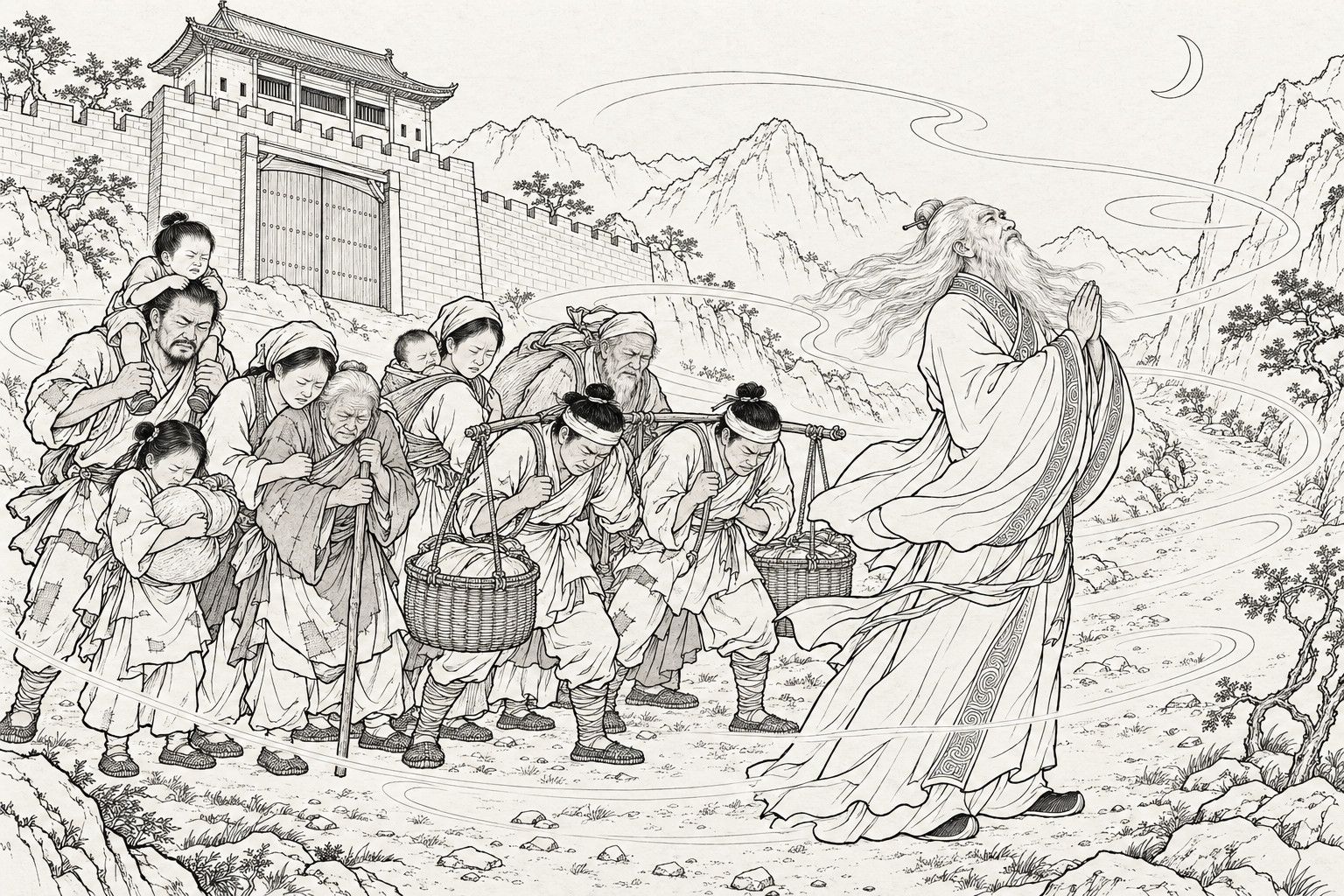 仿清末石印本的線描:夜裡,緊閉的關門和城牆下,姜子牙披髮長鬚被風吹向身後,合掌仰望天空;身後擠著一群衣衫襤褸、緊閉雙眼的逃難百姓。