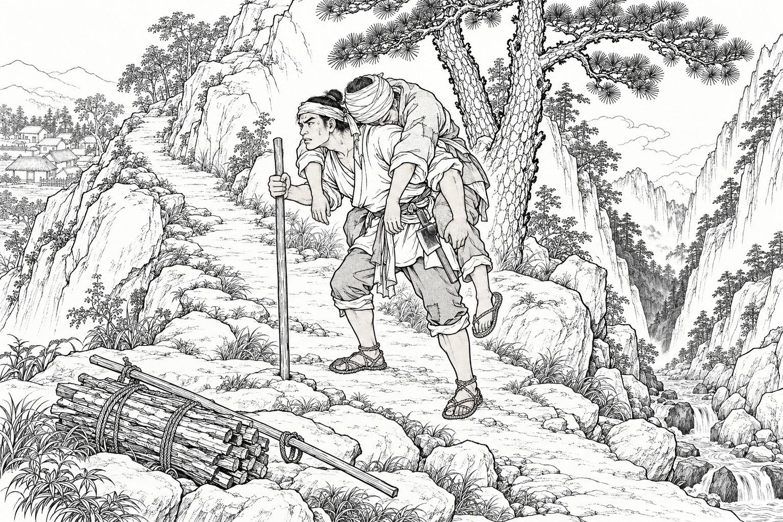 A line drawing in the manner of a late-Qing lithographed edition: by daylight on a rocky mountain path at the mouth of a valley, a sweating young woodcutter bends forward to rest, leaning on an upright pole and carrying his unconscious, head-bandaged elder brother on his back, with an axe at his belt, while a bundle of firewood lies in the foreground, pines and a stream stand at the right, and village thatched roofs show in the distance at the left.