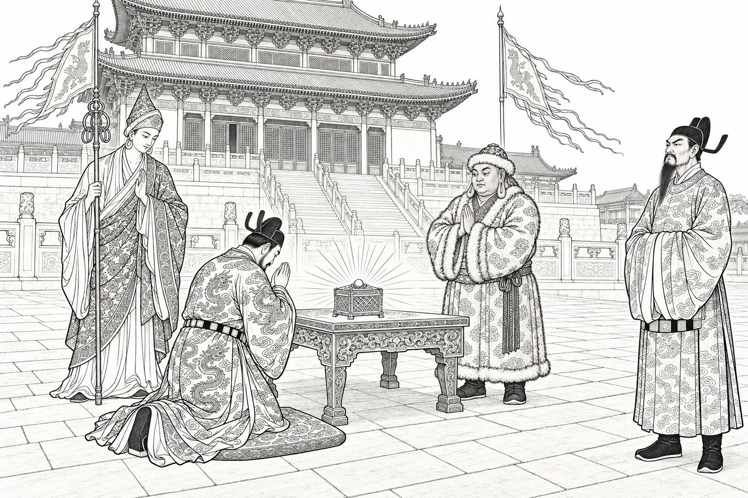 A line drawing in the manner of a late-Qing lithographed edition: on the paved terrace before a great palace gate, an emperor kneels with joined hands and bowed head before a low table holding a lattice casket that sends out fine rays of light, a foreign monk with a staff and a fur-coated monk stand with palms together on either side, and a minister in court robes stands apart with his arms in his sleeves and a stern face.
