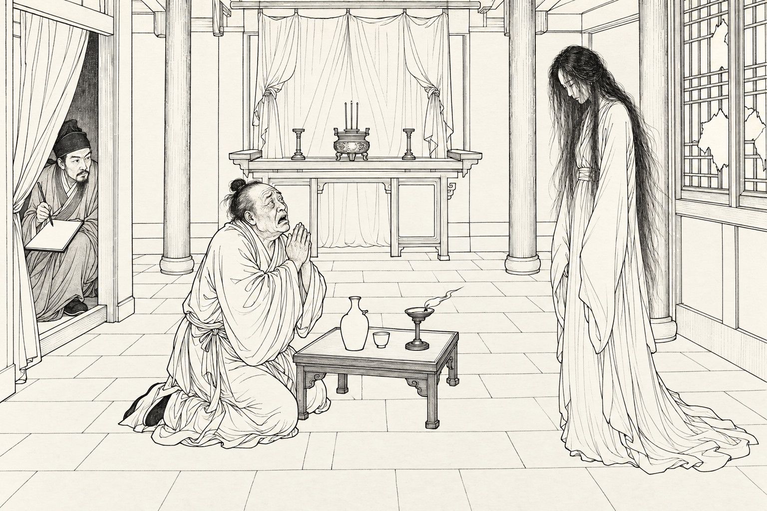 A line drawing in the manner of a late-Qing lithographed edition: inside a bare prison shrine at night, a haggard old eunuch kneels beside a low table with a wine pot, a cup and a small oil lamp, hands joined and face upturned in terror, while a pale young woman with long loose hair and a long white robe stands before him with her head bowed; in a curtained side doorway a clerk crouches, brush in hand and a sheet of paper on his knee, secretly writing it all down.