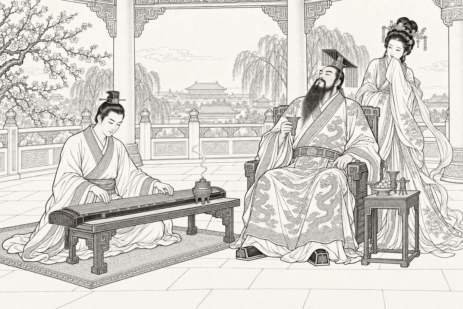 仿清末石印本的線描:春日摘星樓上,青年王子坐在席上撥弄矮几上的七絃琴;紂王坐在椅中半閉雙眼、手持酒杯傾聽,妲己立在他身後,衣袖掩口,側目看著琴師。