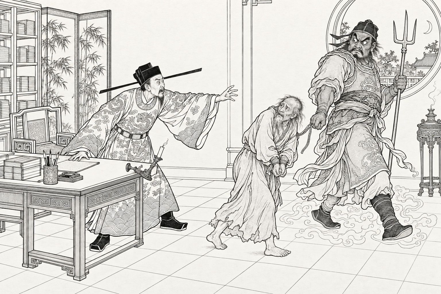 A line drawing in the manner of a late-Qing lithographed edition: in a study at night, a minister in a winged cap, risen from his desk, stretches out one hand toward his father's ghost, a barefoot, bent old man with bound hands who is hauled away on a cord by a towering, fierce ghost soldier holding a three-pronged fork; wisps of cloud curl round the soldier's feet.