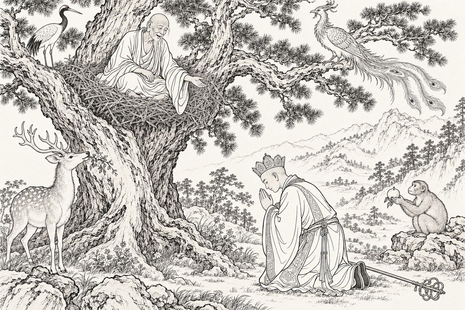 A line drawing in the manner of a late-Qing lithographed edition: by day on a quiet mountain, a smiling old hermit monk sits in a thatch nest in the fork of a great old pine and reaches a hand down toward a young crowned monk who kneels at the foot of the tree with palms together and eyes lowered, his staff on the ground, while a stag with a flower in its mouth, a monkey on a rock offering a fruit, a crane and a long-tailed phoenix on the branches look on before distant ridges.