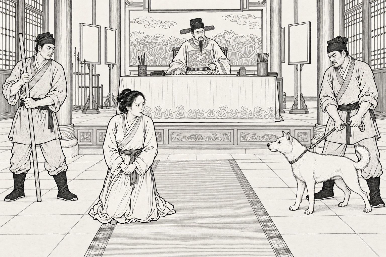 A line drawing in the manner of a late-Qing lithographed edition: in the main hall of a county court by day, a bearded magistrate in a winged black cap sits behind a draped bench before a screen of waves and clouds, while a kneeling woman in plain clothes glances anxiously aside at a white dog held on a rope by a runner at the right, and a second runner with a staff stands at the left.