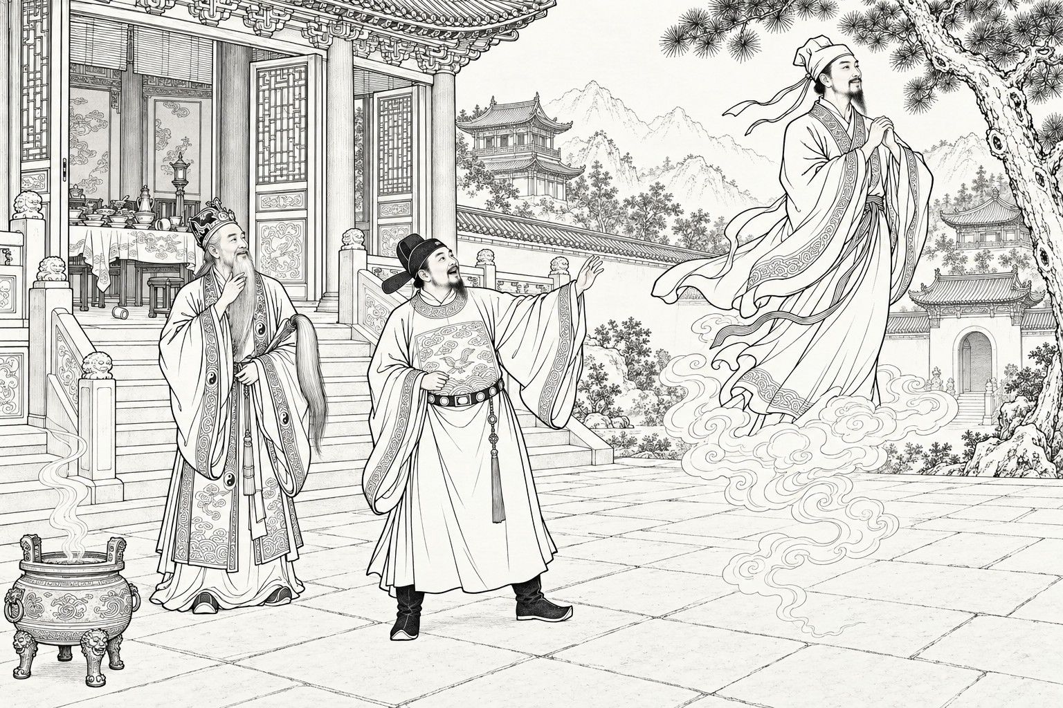 仿清末石印本的線描:白日山中道觀的石板庭院裡,一位高大計程車人拱手立在盤旋的煙氣上緩緩升起,旁邊松樹高聳,戴烏紗帽的官員驚訝地抬袖仰望,持拂塵的長鬚老道人手捋鬍鬚含笑而立,身後敞開的大堂裡還擺著殘席,前景有一隻銅香爐。