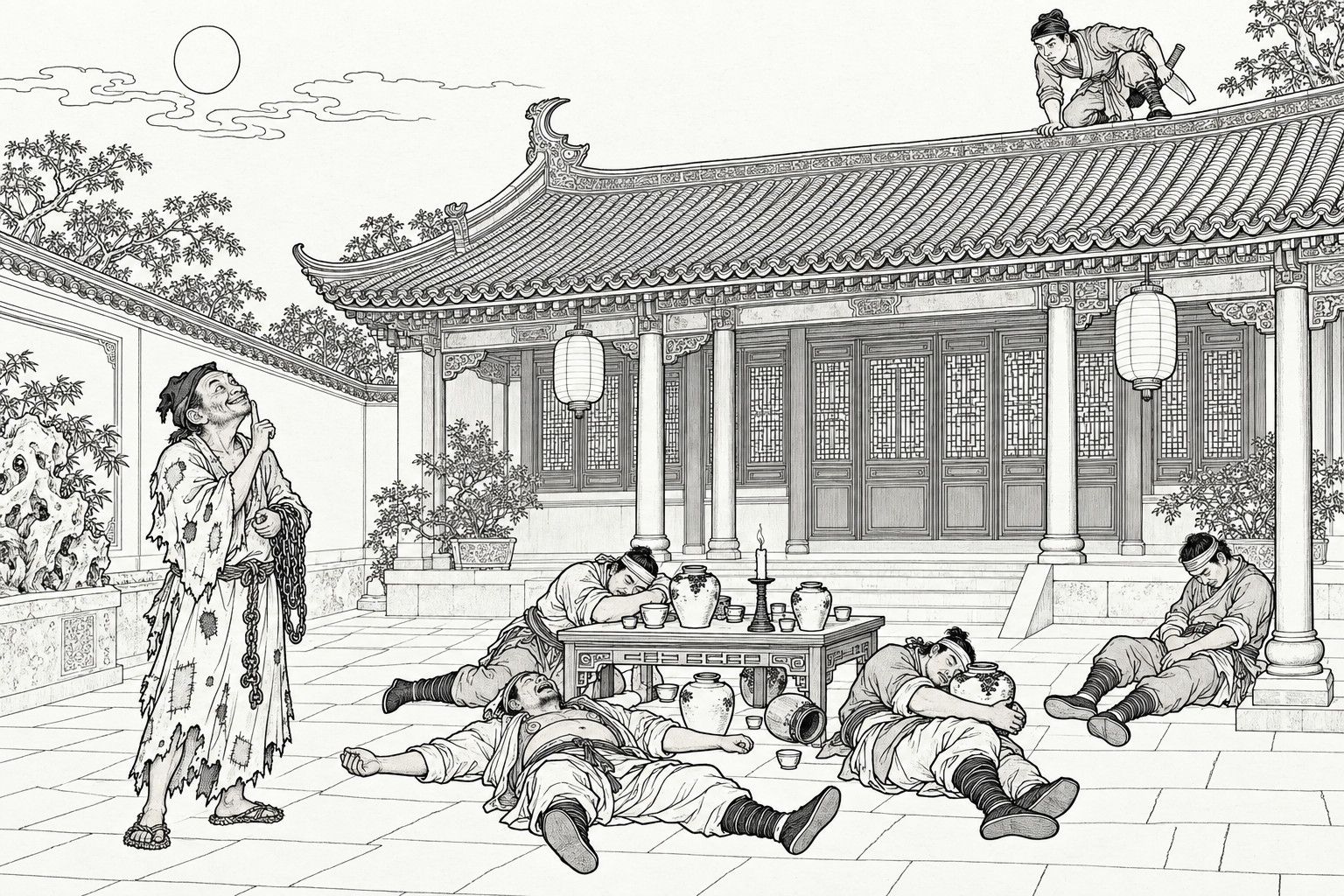 A line drawing in the manner of a late-Qing lithographed edition: in a courtyard at night, a ragged monk with an iron chain coiled over his arm looks up with a grin and a raised finger toward a young man in close night clothes who crouches on the roof ridge with a cleaver in his sash, while four drunken guards sprawl asleep around a table of empty wine pots.