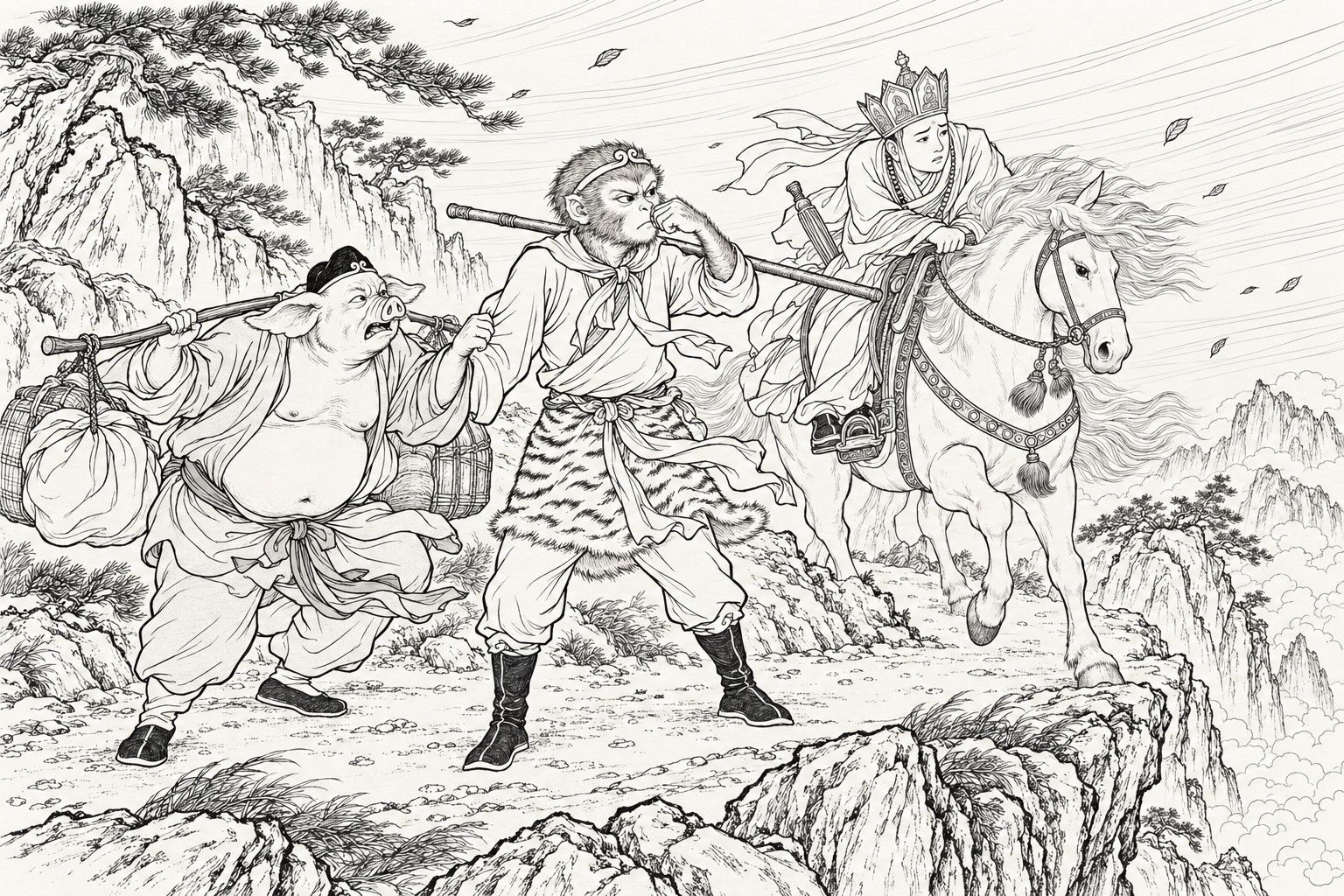 A line drawing in the manner of a late-Qing lithographed edition: on a windswept mountain ridge by day, a monkey-faced monk with an iron staff across his shoulders holds a clenched fist under his nose to sniff the wind, a pig-faced monk carrying a loaded shoulder pole tugs at his sleeve, and a young monk in a crown bends low over a white horse with streaming mane, among crags, bent pines, flying leaves and clouds in the ravine.
