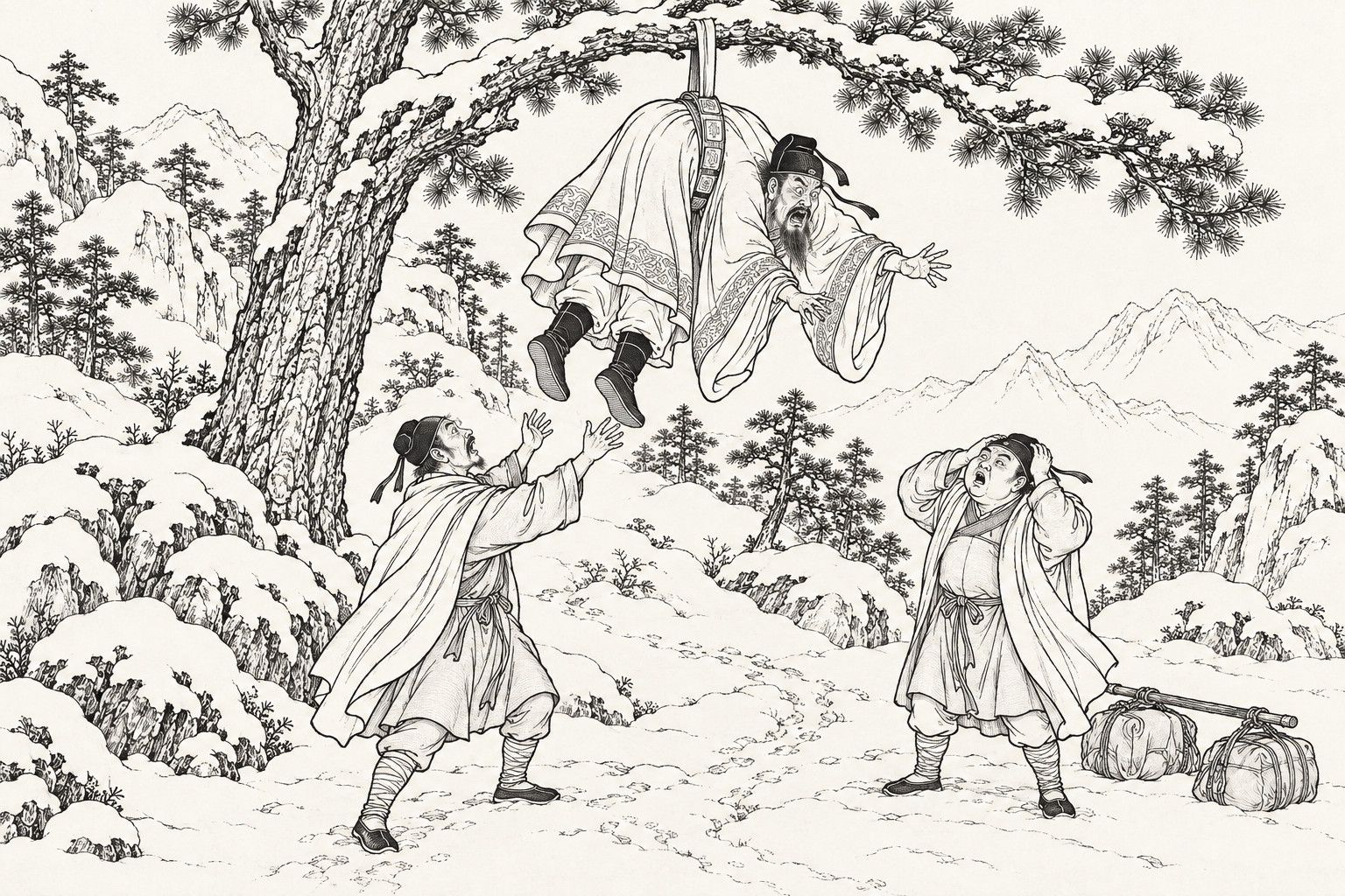 A line drawing in the manner of a late-Qing lithographed edition: on a snowbound mountainside under an old pine, a bearded statesman in a long robe dangles face-down in mid-air from a high bough, held up only by his own broad belt looped over the branch around his waist, his arms flung out and his mouth open in alarm; below him one servant in a snow cape reaches up with both hands to catch him and the other clutches his head in dismay, a carrying pole with two bundles lying on the snow.