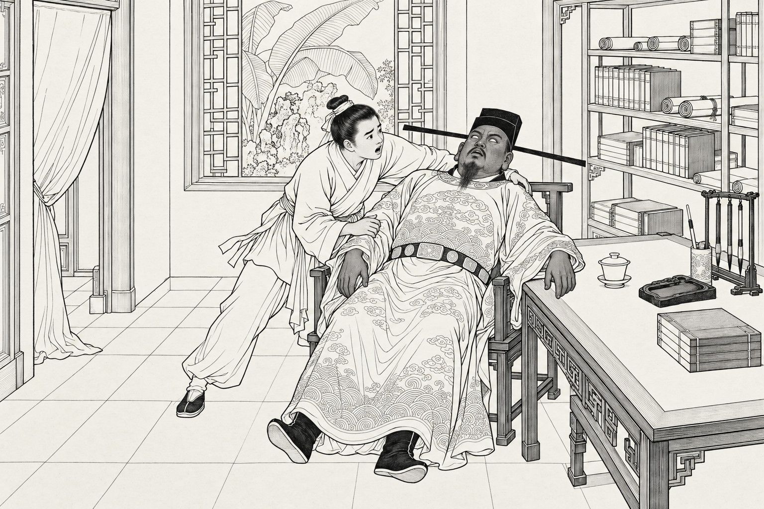 仿清末石印本的線描:白天的書房裡,一位黑臉壯碩、頭戴長翅烏紗帽、身穿雲紋官袍的官員僵直地仰倒在扶手椅中,雙眼直瞪向上,梳髻著白衣的小書童從左邊撲來,一手托住他的肩背,一手抓住他的手臂,張口驚呼;案上放著蓋碗、硯臺和筆架,右邊是擺滿書冊與卷軸的書架,花窗外可見芭蕉和假山。