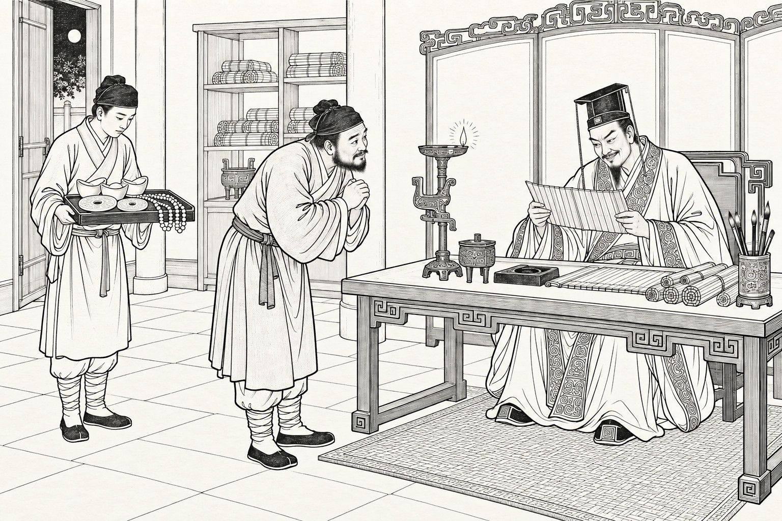 仿清末石印本的線描:夜裡的書房,燈下費仲坐在案後展信,嘴角帶著狡黠的笑;扮成商人的來客躬身拱手;左側僕人捧著一隻盛著金錠、玉璧和珠串的托盤。
