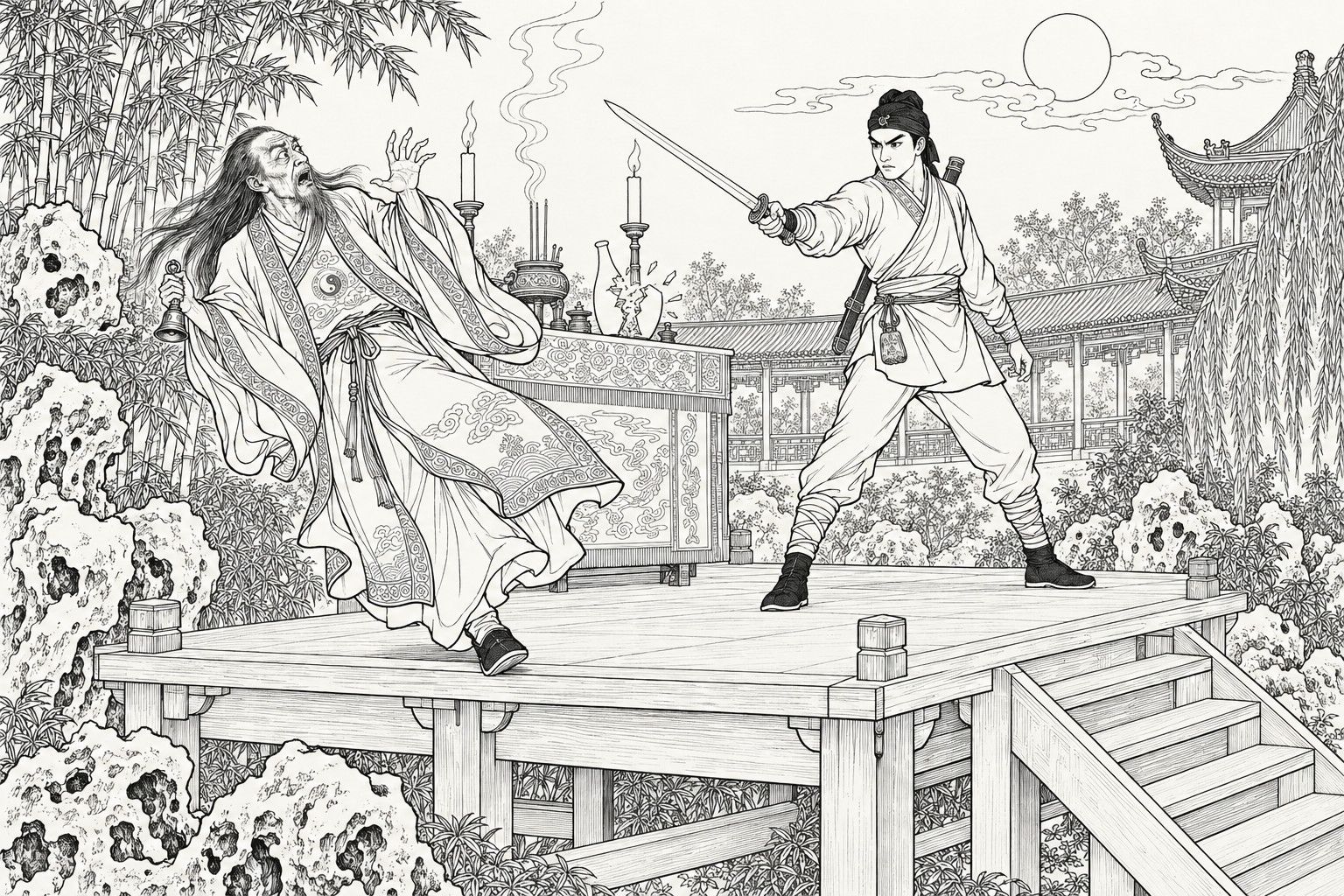 A line drawing in the manner of a late-Qing lithographed edition: at night on a candle-lit altar platform in a garden, a long-haired old Daoist priest holding a handbell reels backward with his hand raised and his mouth open in alarm as the bottle on the altar table bursts in two behind him, while the young knight-errant Zhan Zhao in a head cloth and close-fitting white clothes stands braced with his sword thrust out and a blazing glare.