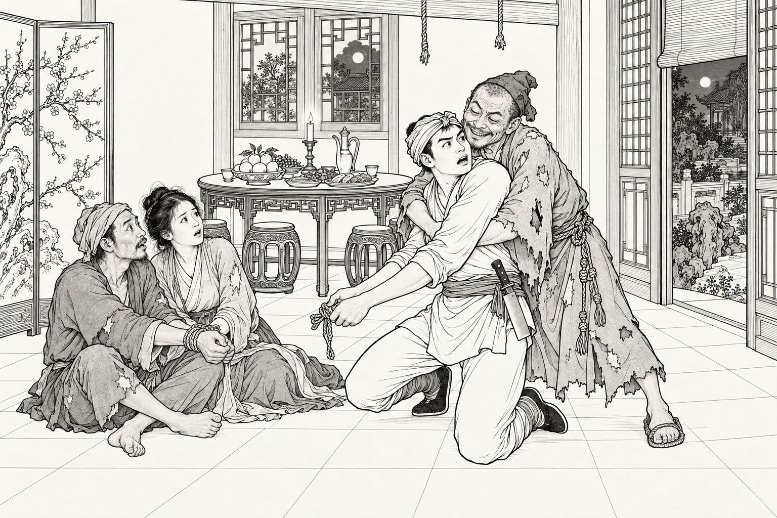 A line drawing in the manner of a late-Qing lithographed edition: in a lamp-lit room, a young man in a headscarf kneels with a cleaver in his sash, working at a cord, while a ragged monk grips him in a bear hug from behind, grinning over his shoulder; at the left a ragged fruit seller and his wife, their wrists bound, stare at the monk.