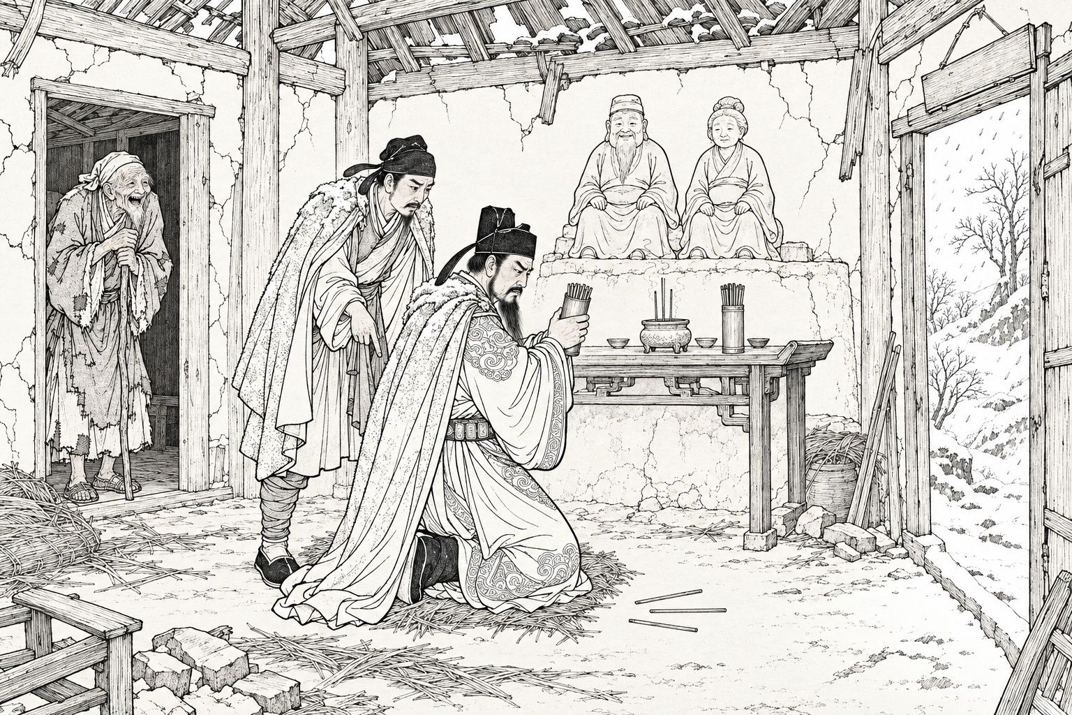 A line drawing in the manner of a late-Qing lithographed edition: inside a ruined village shrine with snow showing through the roof, an official in a fur-trimmed cloak kneels and shakes a bamboo tube of divination sticks, three sticks lying on the floor, while his servant bends over him pointing and a bent old keeper with a stick laughs at the inner door; two clay figures of an old couple sit on the altar behind.