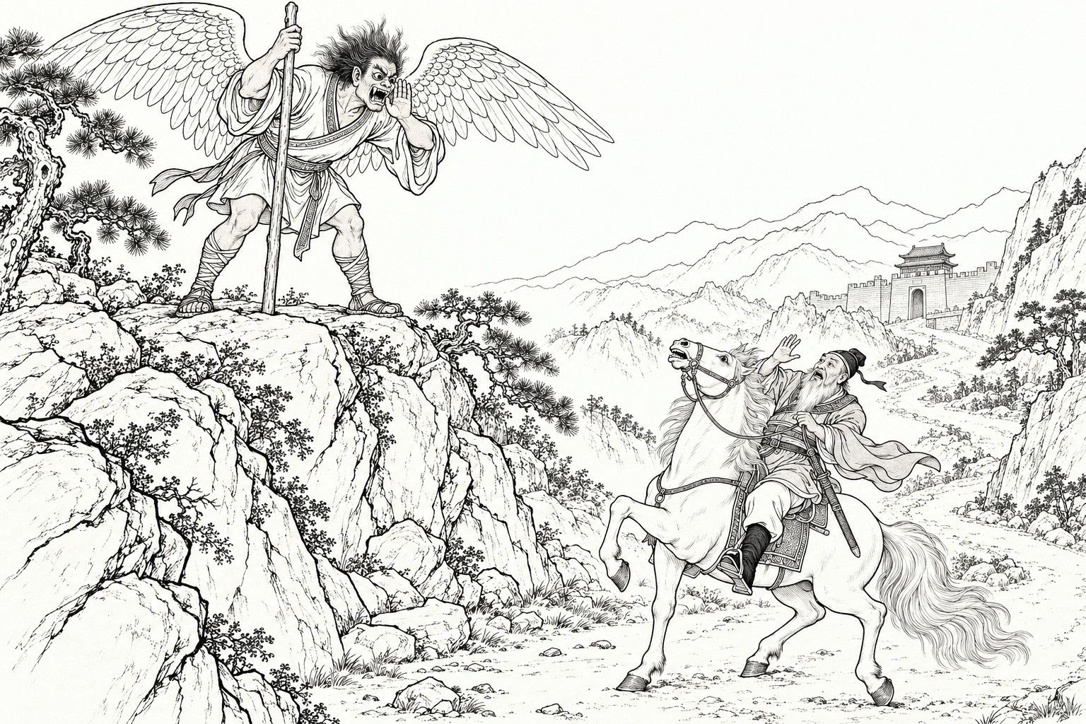 A line drawing in the manner of a late-Qing lithographed edition: on a rocky hilltop above a mountain road, a clean-shaven winged giant with a fierce face and wide feathered wings leans forward with a plain staff, one hand cupped at his mouth to call down, while below an old bearded rider in a soft hat reins in a rearing white horse and throws up a hand in fright, a fortress gate in the far valley.