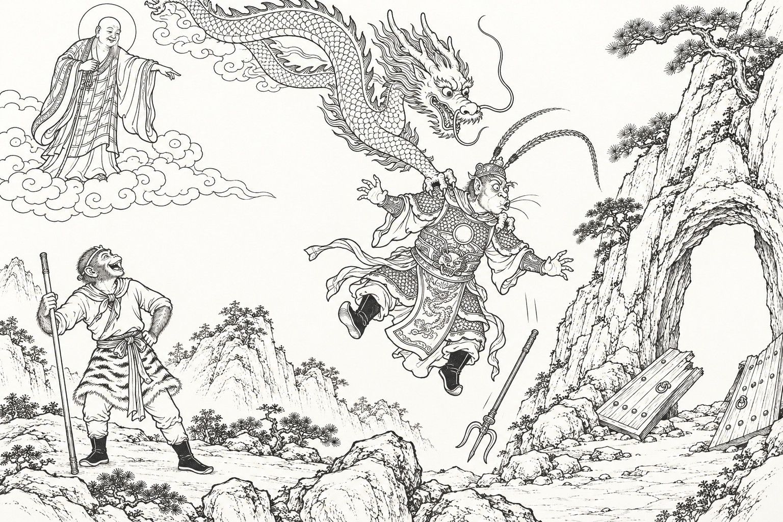 A line drawing in the manner of a late-Qing lithographed edition: by day at the foot of a craggy mountain, a Bodhisattva with a halo stands on a low cloud at the upper left and points down, a dragon coils from the cloud and lifts an armoured, plume-helmeted demon into the air by the shoulders as his trident falls, while a monkey warrior at the lower left leans on his staff and laughs, with a cave mouth and its broken doors lying on the ground at the right.