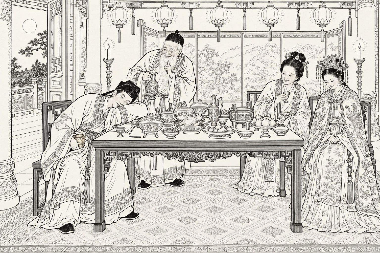 A line drawing in the manner of a late-Qing lithographed edition: at a wedding feast in a lantern-hung hall, a young scholar slumps over the table feigning drunkenness, a gold cup held in his lap; behind the table an old white-bearded man with a wine jug smiles and raises a finger to his lips, while a woman with a cup and a bride in a phoenix headdress sit at the right.