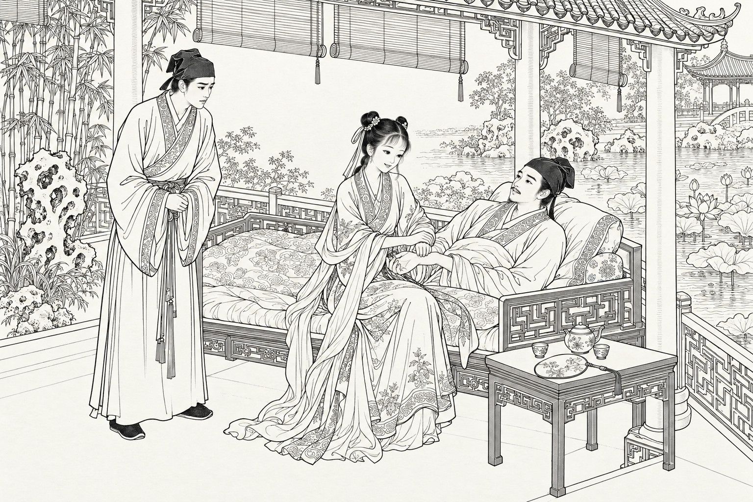 仿清末石印本的線描:園亭裡,梳雙丫髻的少女坐在榻邊,握著靠在枕上的青年書生的手腕,書生仰望著她;榻尾站著一位雙手合攏、憂心看著的青年;亭外有竹、山石和荷塘。