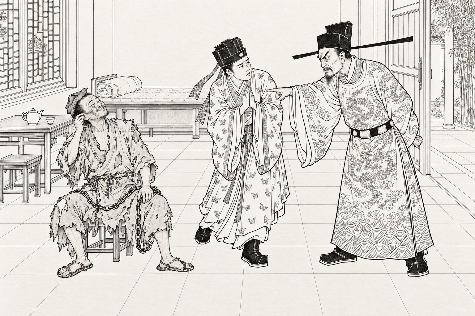仿清末石印本的线描:空荡荡的房间里,破衣僧人坐在矮凳上,铁链横在膝上,笑着掏耳朵;穿蝴蝶纹袍的年轻医生双掌合十;右边穿龙纹袍的丞相怒容满面,伸手指着僧人。