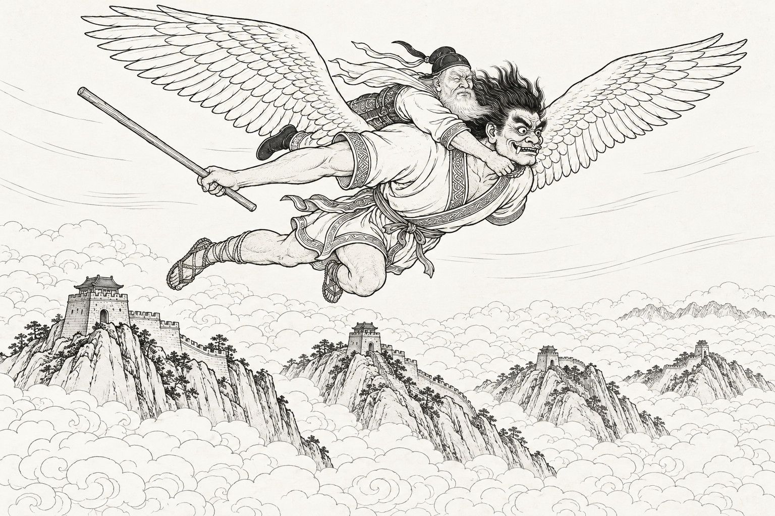 A line drawing in the manner of a late-Qing lithographed edition: above a sea of clouds and watchtowers on a mountain wall, a clean-shaven winged giant with a fierce face flies with wide feathered wings and a plain staff in one hand, an old white-bearded man in a soft hat riding on his back with an arm around his neck.