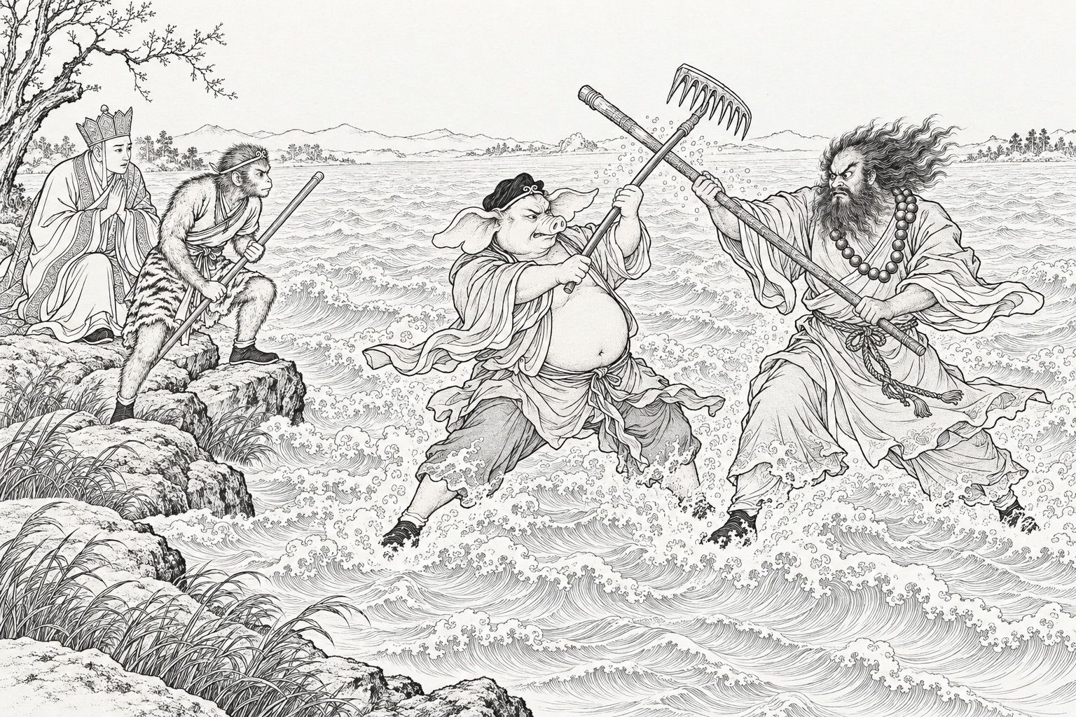 仿清末石印本的線描：浪湧的流沙河上，豬臉的豬八戒揮著九齒釘耙，披髮留須、胸掛大串念珠的沙僧手持長杖，兩人在浪花飛濺中面對面交手；左邊岸石上，唐僧合掌而坐，孫悟空握著鐵棒蹲在他身旁看著。