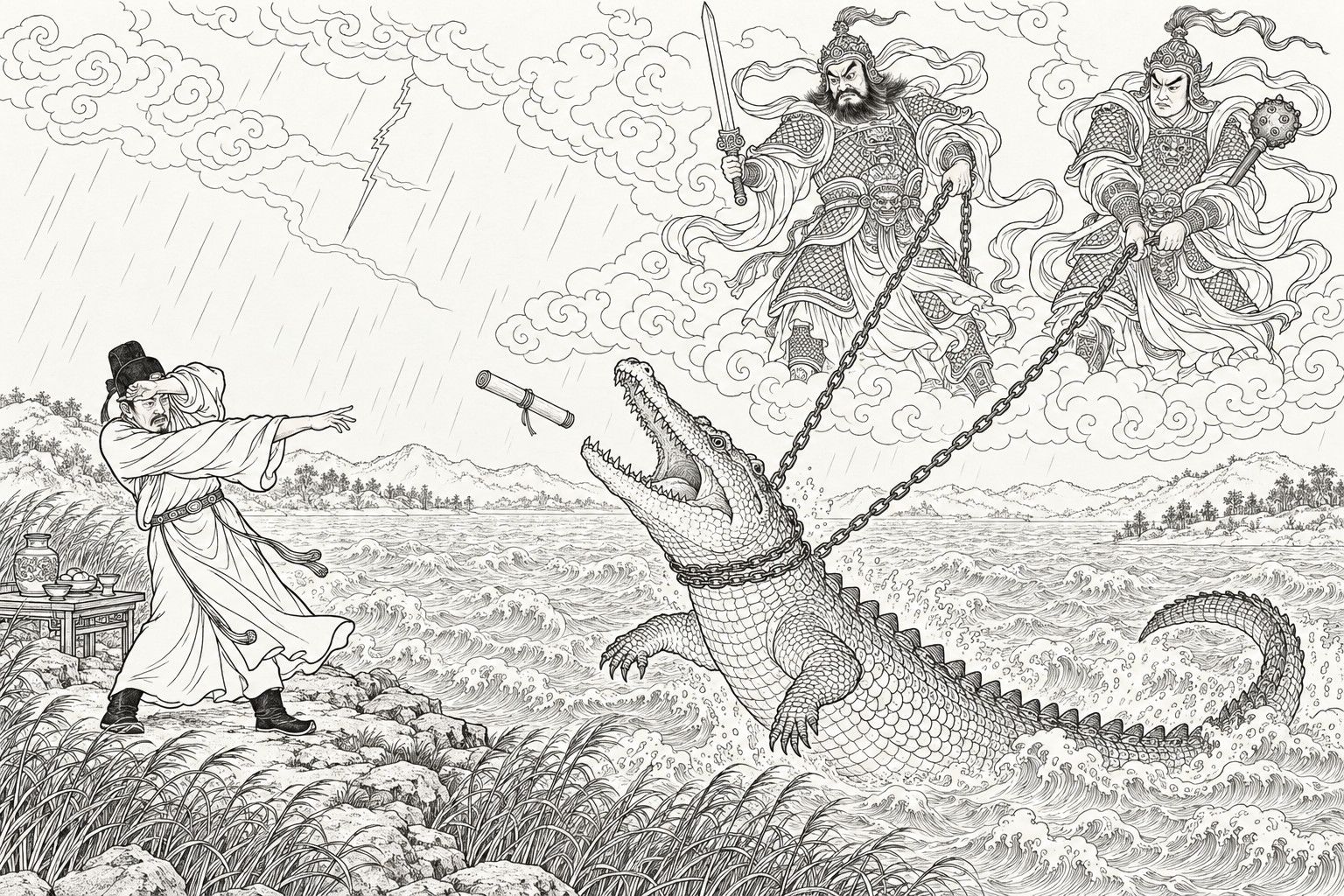 A line drawing in the manner of a late-Qing lithographed edition: in a storm on a reedy river bank, a clerk shields his eyes with one forearm and throws a rolled scroll toward the open jaws of a large crocodile rearing from the waves, while two armoured generals on clouds, one with a sword and one with a spiked mace, haul on iron chains looped around its neck.