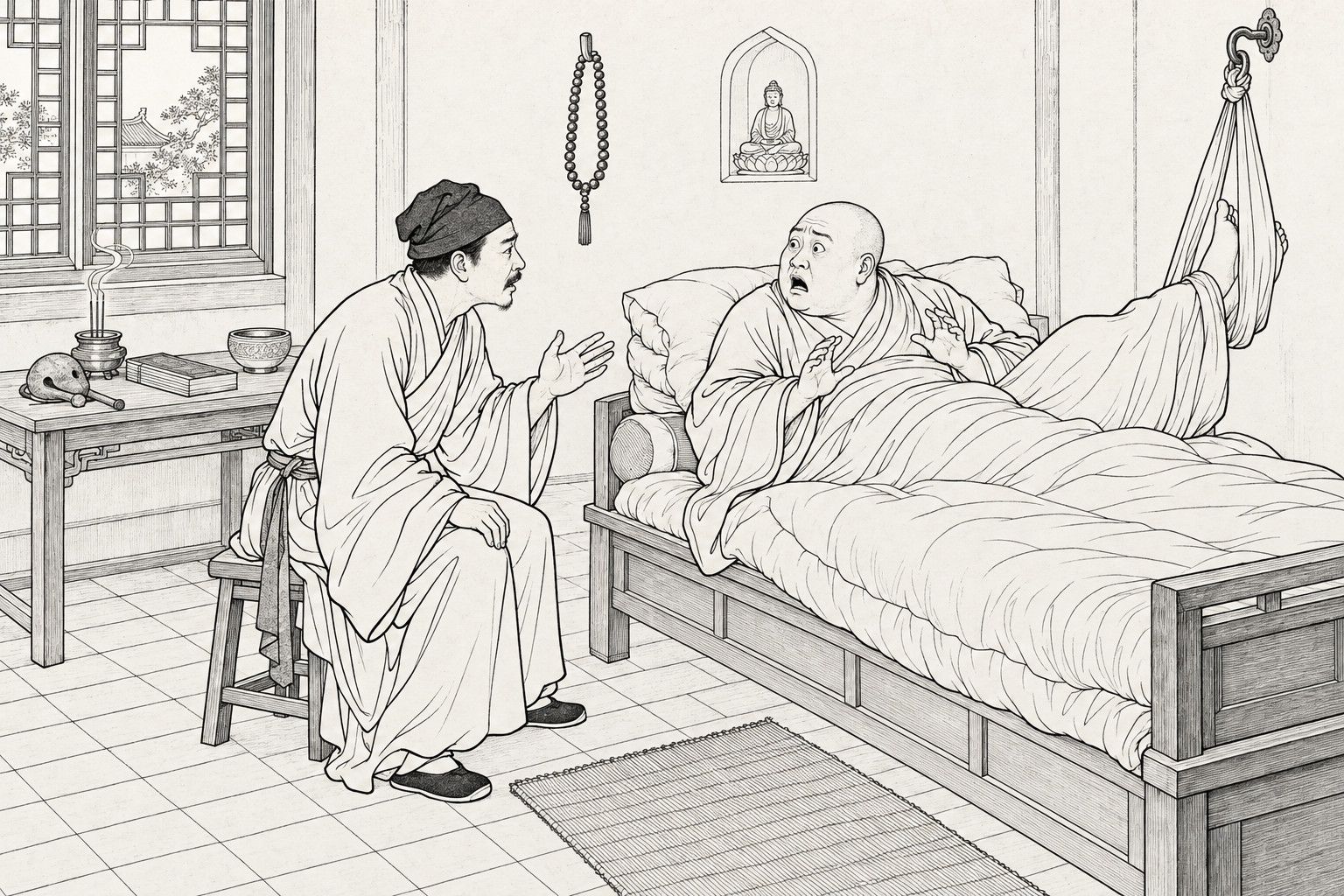 A line drawing in the manner of a late-Qing lithographed edition: by daylight in a bare temple monk's room, a man in a soft cap and long gown sits on a stool with one hand raised as he talks, while a bald monk propped on pillows in a quilted bed, his feet slung in a cloth loop from a wall hook, stares back in alarm, with a lattice window, a table with a sutra book, wooden fish and incense burner, a rosary and a small Buddha niche around them.