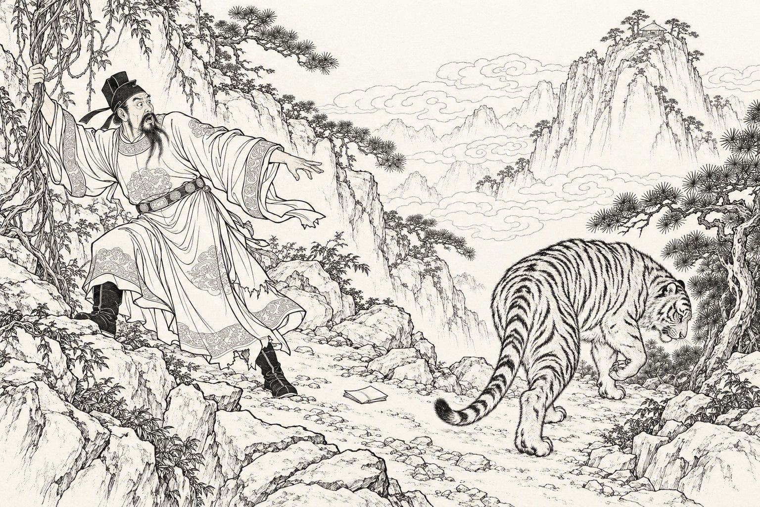 仿清末石印本的线描:崖石与松树间的陡峭山路上,长须官员袍角撕破,一手抓着垂藤,一手向前甩出,折好的书信刚落在路中;一只大老虎低着头转身走开,远处云雾之上的山顶有一间小庵。