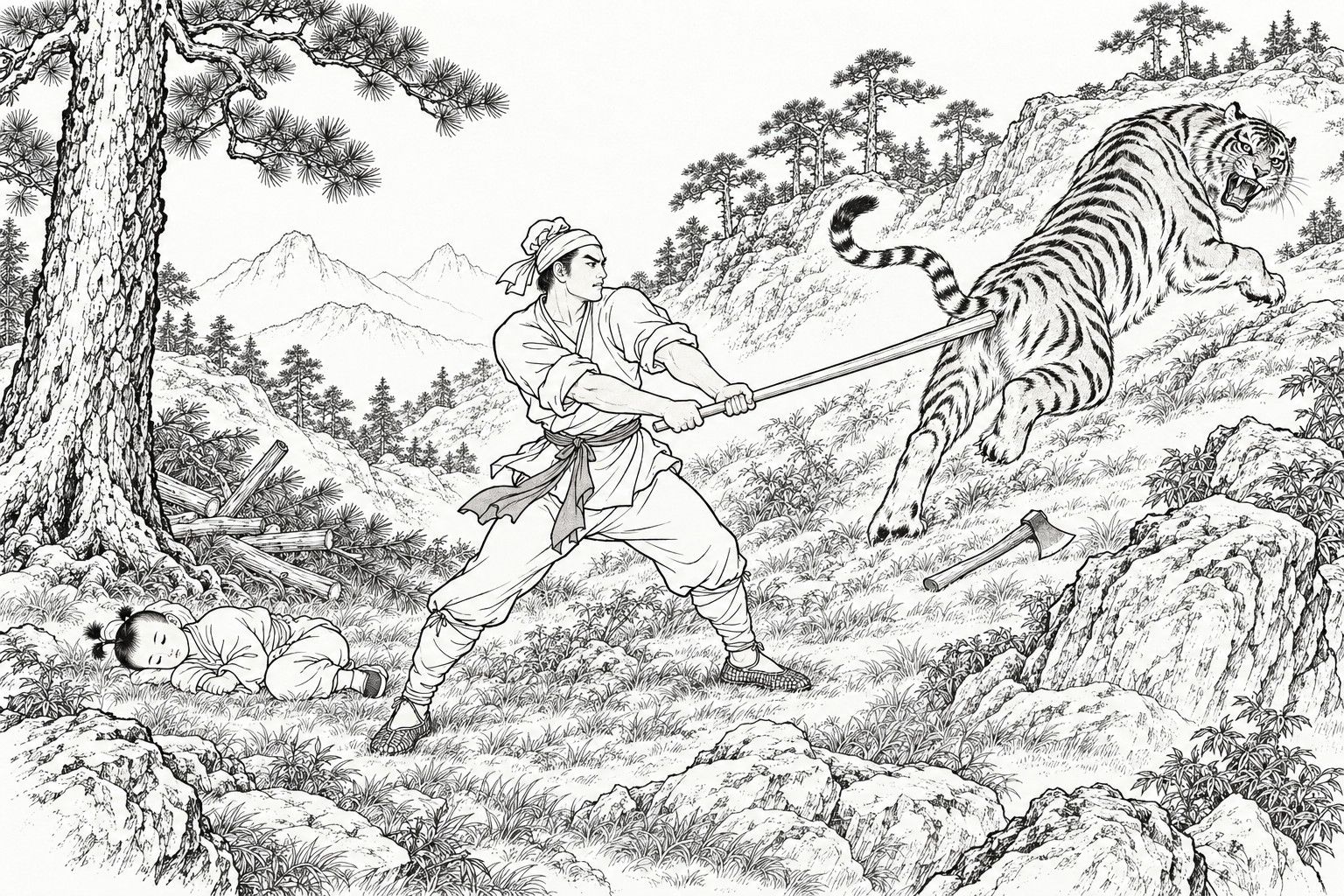 仿清末石印本的线描：白天的山坡林间，裹头巾、卷袖、打裹腿的年轻樵夫双手抡起扁担，打向沿着石坡吼叫着蹿走的斑斓猛虎的后胯；左边草地上，梳着两个小髻的男孩昏睡在地，近旁地上落着樵夫的板斧。