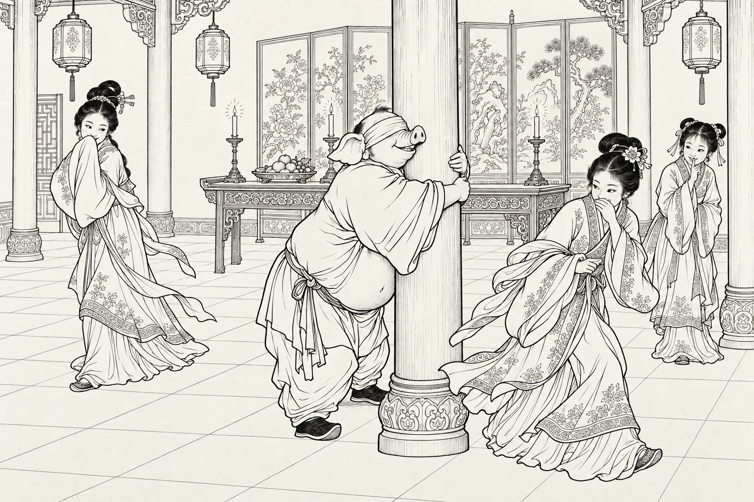A line drawing in the manner of a late-Qing lithographed edition: in a candlelit hall of the widow's house, Zhu Bajie, a cloth tied over his eyes, clasps a thick pillar with both arms, grinning, while three young women in long robes and shawls slip away around him, two with a sleeve or hand over their laughing mouths and the youngest with a finger to her lips; a table with candles and a dish of fruit, a folding screen and hanging lanterns stand behind.