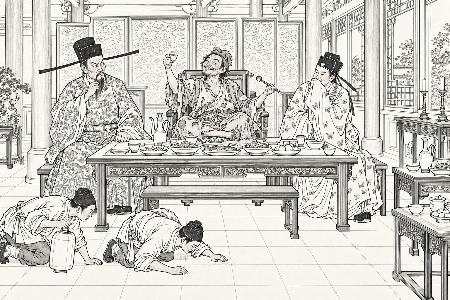仿清末石印本的线描:大厅的宴席上,破衣僧人盘腿坐在上座,一手举杯,一手拿筷;左边的丞相捋着胡须,怒目而视,右边的医生用袖子掩口忍笑;前面两个仆人提着灯笼趴在地上,鼻尖贴着地砖寻找。