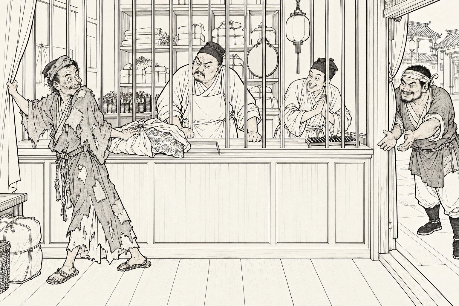 A line drawing in the manner of a late-Qing lithographed edition: inside a pawnshop, a ragged monk holds back a door curtain and glances over his shoulder, one hand on a bundle on the counter whose knot is loosened to show embroidered silk; behind the barred counter a stout pawnbroker eyes him suspiciously and a smiling assistant bows with his palms together, while a burly man at the door on the right leans in with open arms.
