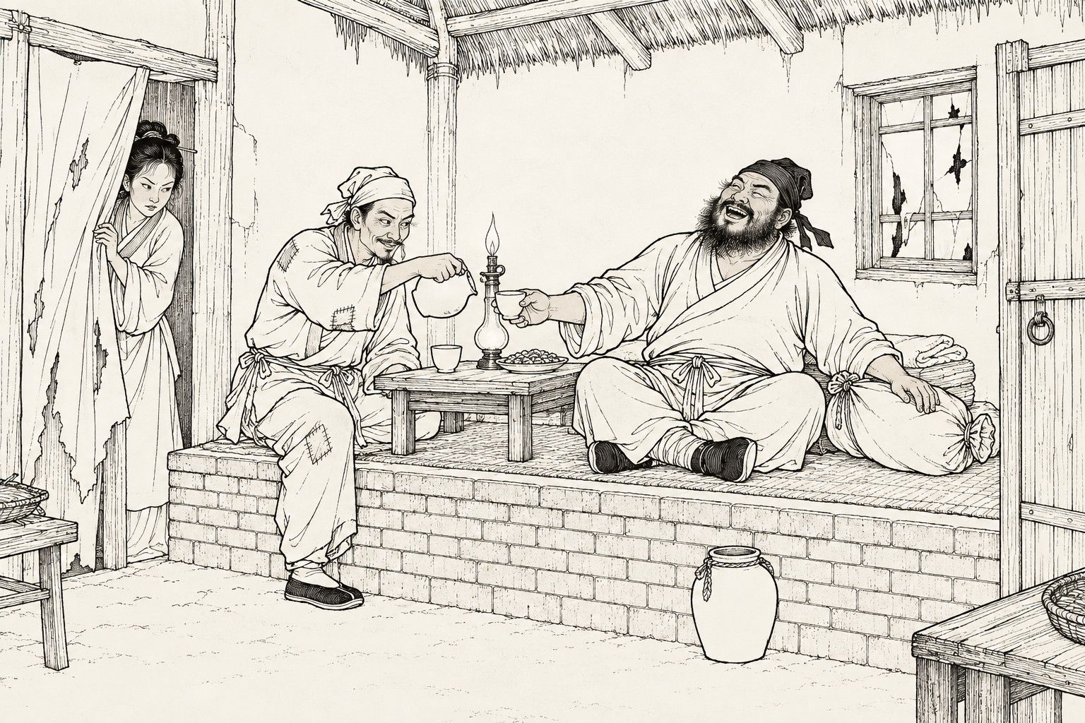 A line drawing in the manner of a late-Qing lithographed edition: at night in a poor thatched cottage, a bearded, very drunk timber merchant sits cross-legged on the brick bed laughing loudly and holding out his wine cup, a heavy cloth money bag beside him, while his lean host in a patched jacket leans over with a fawning smile to pour him more wine; in the doorway at the left a woman peeps out from behind a ragged curtain.