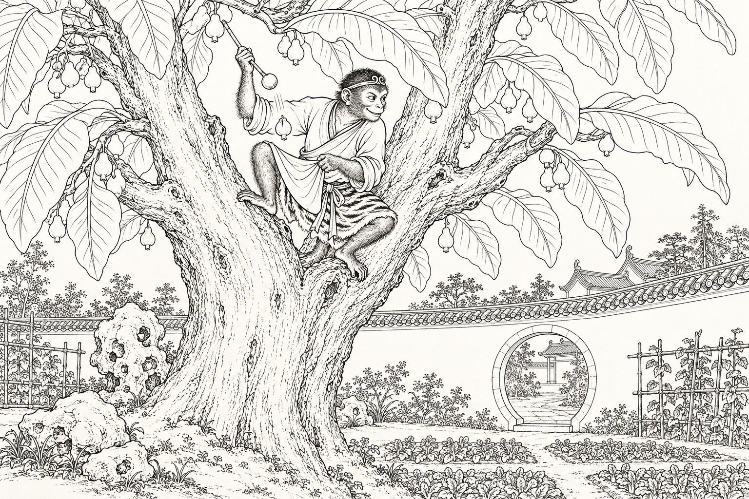 A line drawing in the manner of a late-Qing lithographed edition: in a walled garden, Sun Wukong crouches in the fork of a huge broad-leaved tree, knocking a small hanging fruit with a slender striker in his right hand while his left hand holds up the front of his tunic to catch it, glancing back with a sly grin; a round moon gate in a tiled wall, garden rocks and vegetable beds lie below.