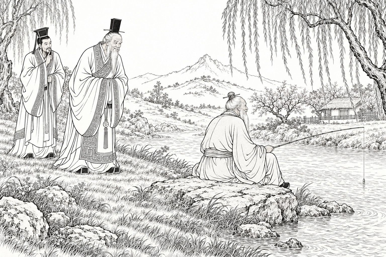仿清末石印本的線描:垂柳覆岸的河邊,戴著窄高黑色箱形冠、長簪橫穿的白鬚老者,與一手指按在唇邊、戴黑冠的年輕官員站在岸上,望著坐在岩石上垂釣的白髮老漁翁;釣線筆直垂進水裡。