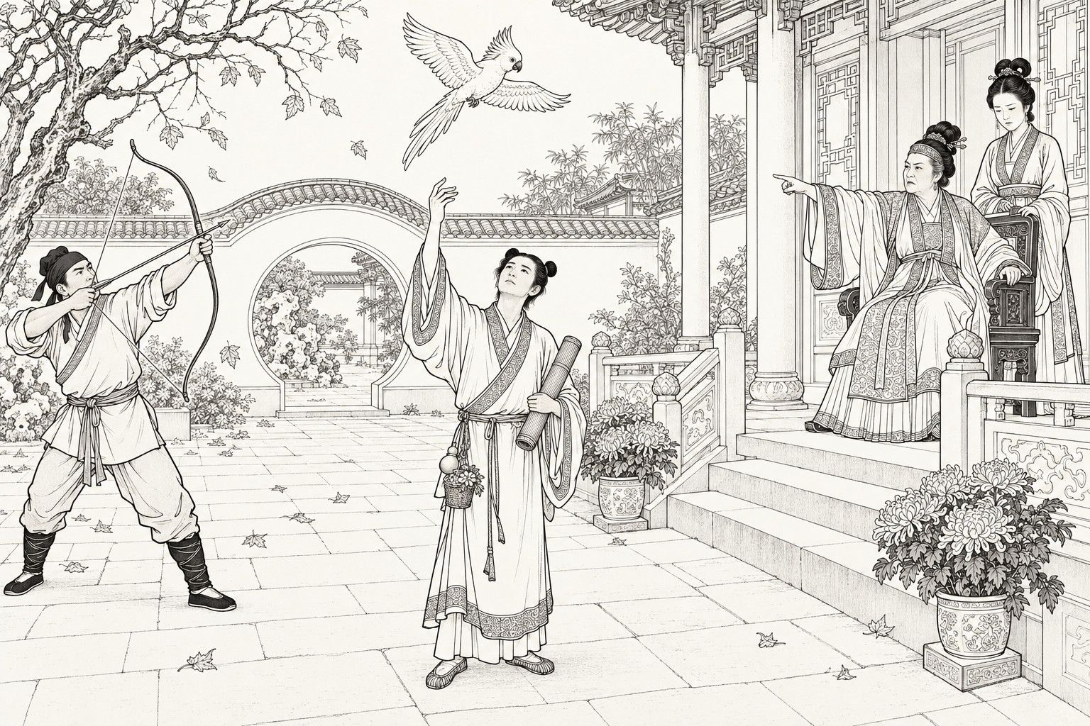 A line drawing in the manner of a late-Qing lithographed edition: in an autumn courtyard with potted chrysanthemums, a young Daoist with a drum under his arm and a gourd and flower basket at his waist reaches up toward a white parrot circling overhead, a manservant draws a bow at the bird, and an elderly lady seated on the veranda points at it with her daughter-in-law standing behind her chair.