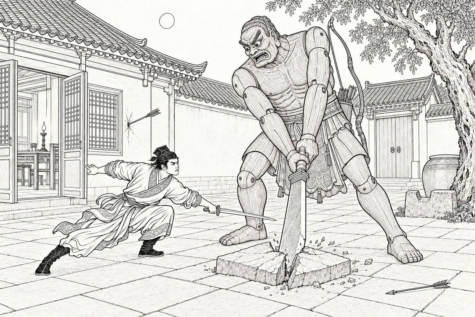 A line drawing in the manner of a late-Qing lithographed edition: on a moonlit night in an inn courtyard, a young scholar in a long gown crouches low and lunges with a sword toward the ankle of a huge carved wooden warrior, whose great knife has split a flagstone in two, with the lamplit inn room, an arrow in the wall, a tiled roof, a gate and an old tree behind.