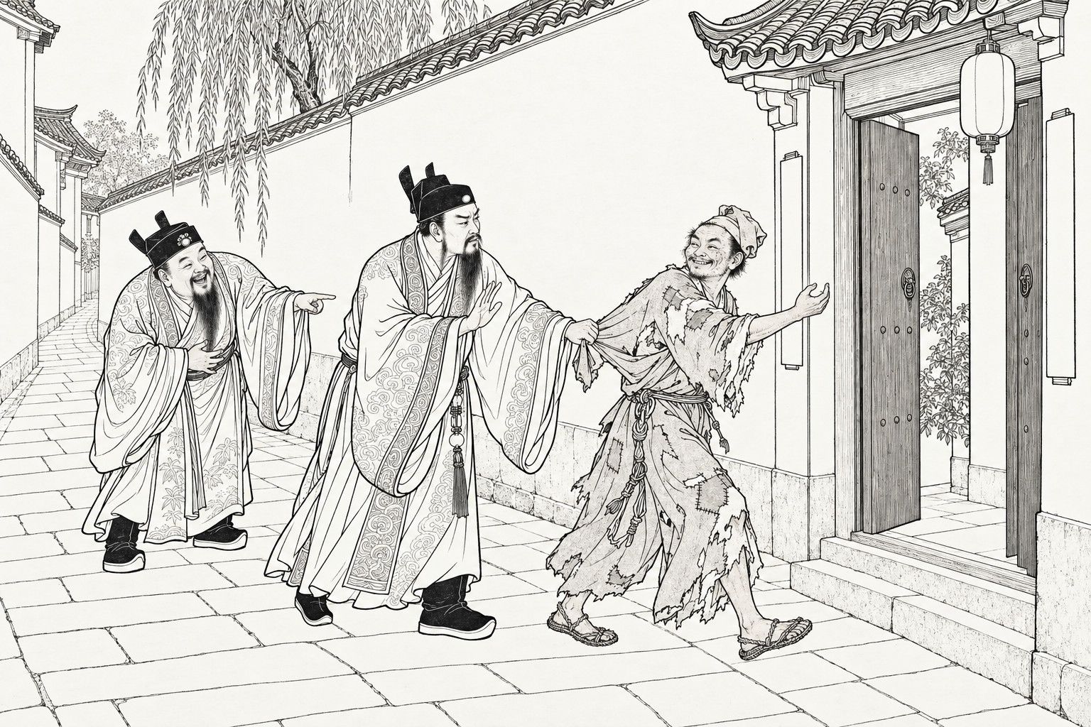 A line drawing in the manner of a late-Qing lithographed edition: in a lane of tall walls, a ragged monk strides toward a gateway at the right, beckoning with a grin, while a tall bearded gentleman holds him back by the sleeve with a palm raised in protest and a second gentleman, bent over laughing, points at the monk.