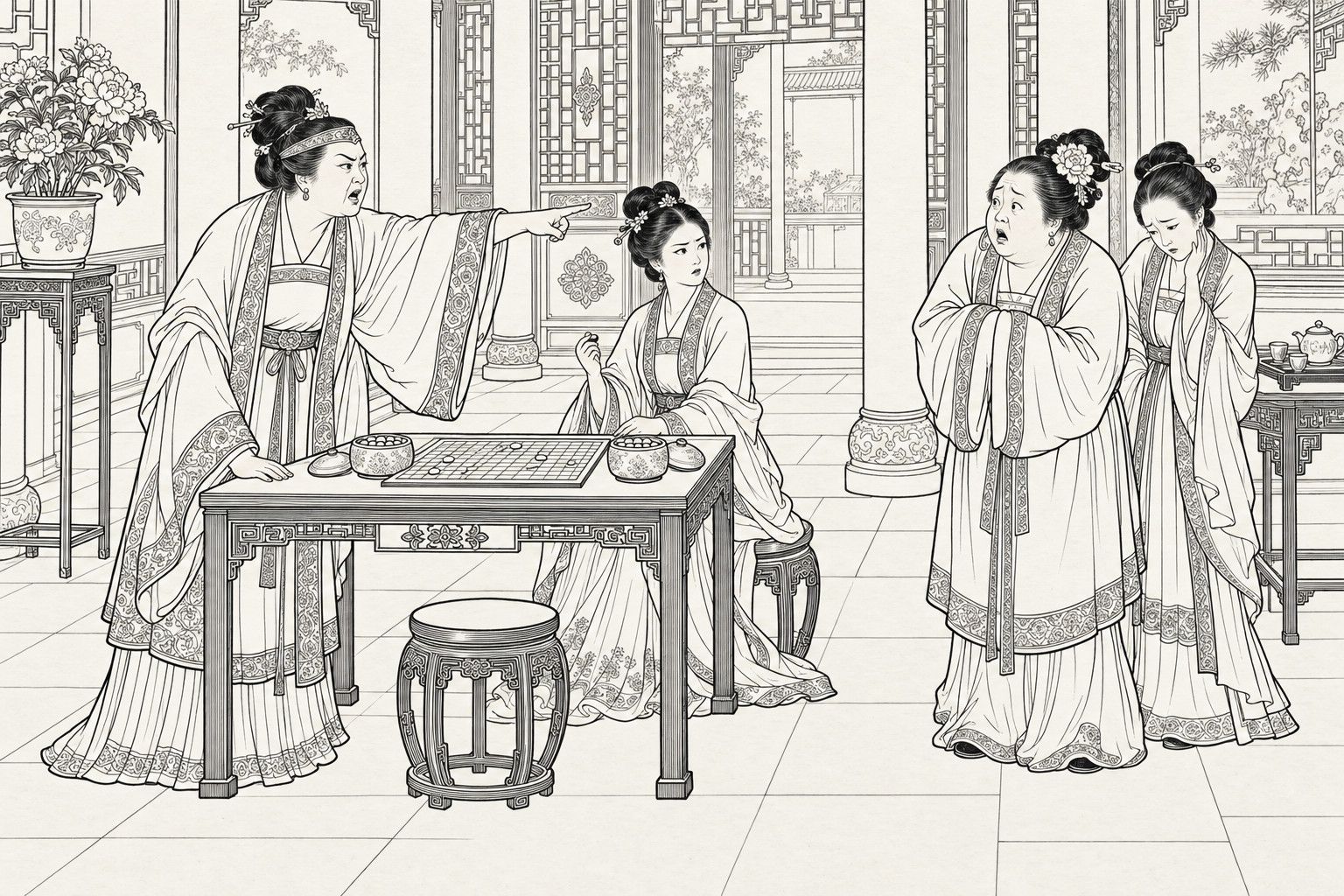 A line drawing in the manner of a late-Qing lithographed edition: in a hall, an angry elderly lady stands over a board-game table and points sharply at two matchmakers, one stout with a large flower in her hair, who shrink back with open mouths, while a young woman seated at the table holds a game piece and turns to look.