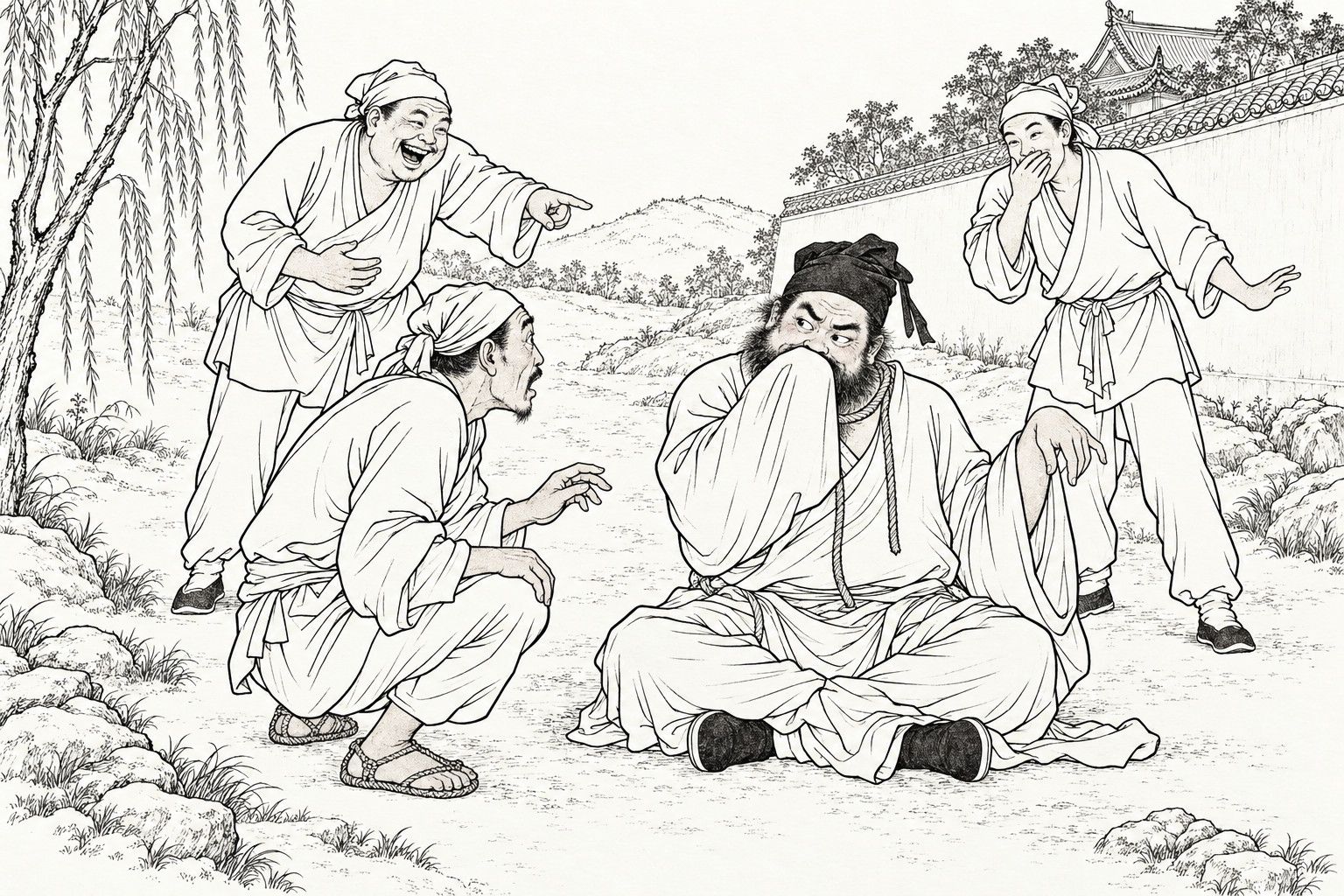 A line drawing in the manner of a late-Qing lithographed edition: at dawn on a bare hillside path, a bearded man in a rumpled gown and a crooked cap sits cross-legged on the ground with a loose rope lying round his neck, hiding his face behind his raised sleeve like a shy bride, while a watchman crouches before him in bewilderment and two onlookers behind them, one pointing and one covering his mouth, burst out laughing.