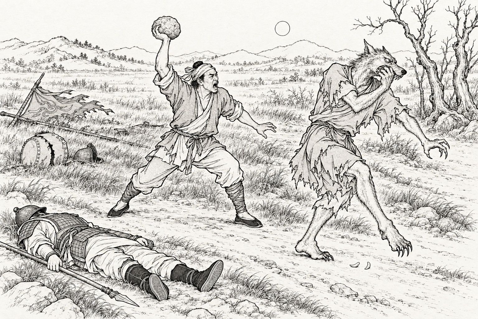 仿清末石印本的线描：夜里战后的荒野道旁，一名裹布巾的村民跃起举石，打向一个穿破袍的高瘦犬首怪物，怪物掩着嘴向后躲闪，一名死兵仰卧在掉落的长矛旁，四周有破旗、裂鼓、凹盔和枯树。