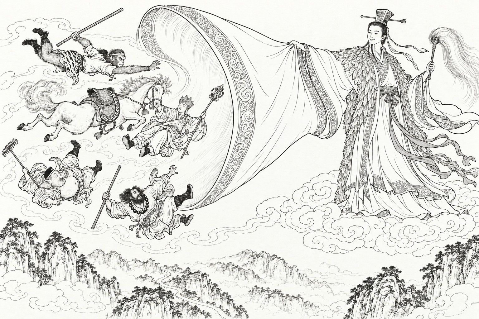仿清末石印本的線描:白晝高空、山路之上,一位著羽氅的年輕仙人立於右側雲端,手持拂塵,一隻繡邊大袖如帆展開,僧人、持鐵棒的猴形徒弟、持釘耙的豬面徒弟、掛念珠的虯髯徒弟和白馬一同翻滾著被捲入袖口,下方遠處是山崖松樹。