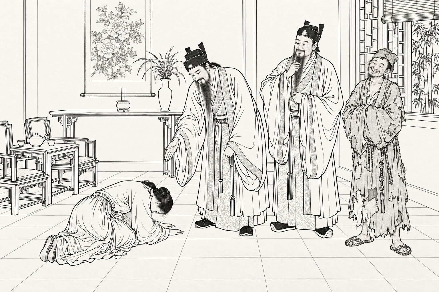 A line drawing in the manner of a late-Qing lithographed edition: in a quiet room, a young woman kneels and bows her forehead to the floor; a bearded gentleman bends toward her with a hand held out to raise her, a second gentleman strokes his beard and nods, and a ragged monk at the right beams with his hands tucked in his sleeves.