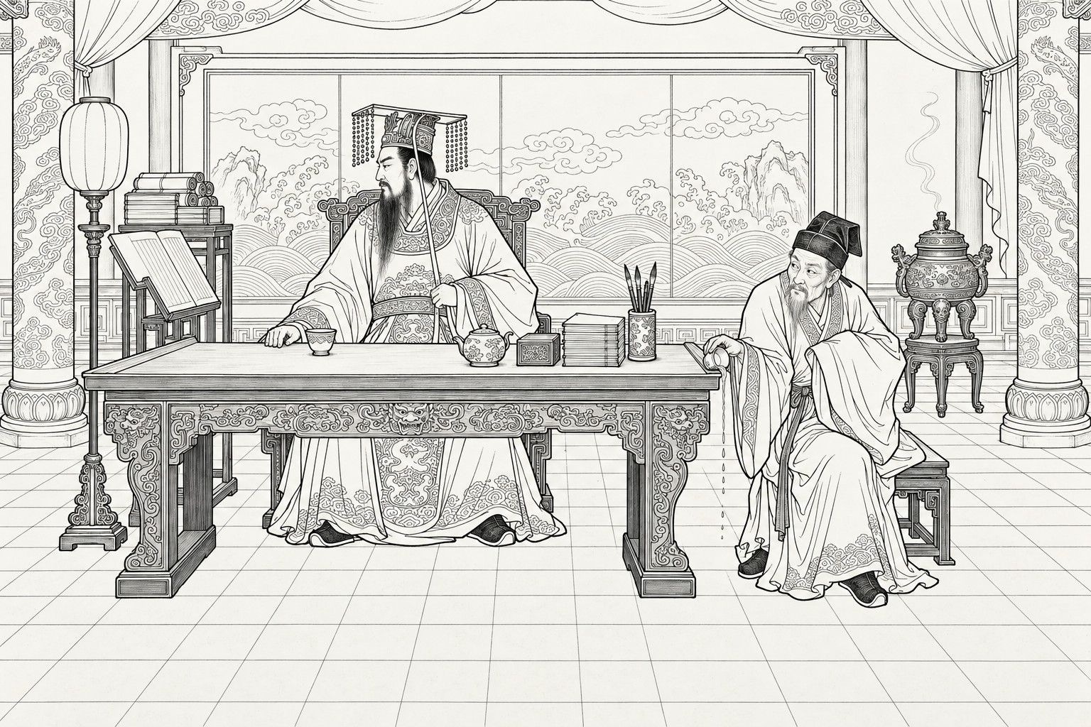 A line drawing in the manner of a late-Qing lithographed edition: in the great hall of an underworld court, a bearded king in a bead-fringed crown and broad-sleeved robe sits behind a long carved desk and turns his head toward a register on a stand, while a thin old scholar on a low stool at the desk's corner tips his teacup so the tea trickles away, glancing sideways at the king, with a wave-and-cloud screen, a lamp stand, a bronze incense burner and a tiled floor around them.