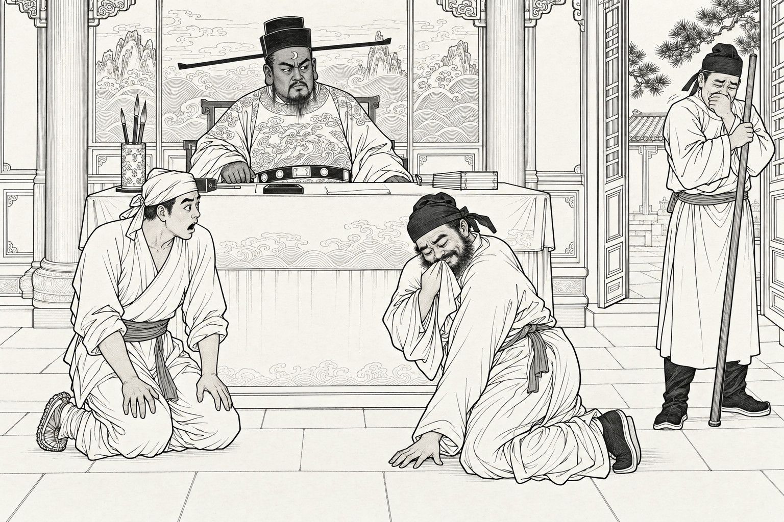 A line drawing in the manner of a late-Qing lithographed edition: in the court hall by day, the stern dark-faced prefect Bao Zheng, a small crescent on his forehead, sits behind his judge's desk; before it a bearded man kneels in a delicate, wriggling way, one hand feeling the floor and the other holding his sleeve to his face, while beside him a young hunter kneels and stares with his mouth open, and at the right a court runner with a staff presses a hand over his mouth to hold back his laughter.