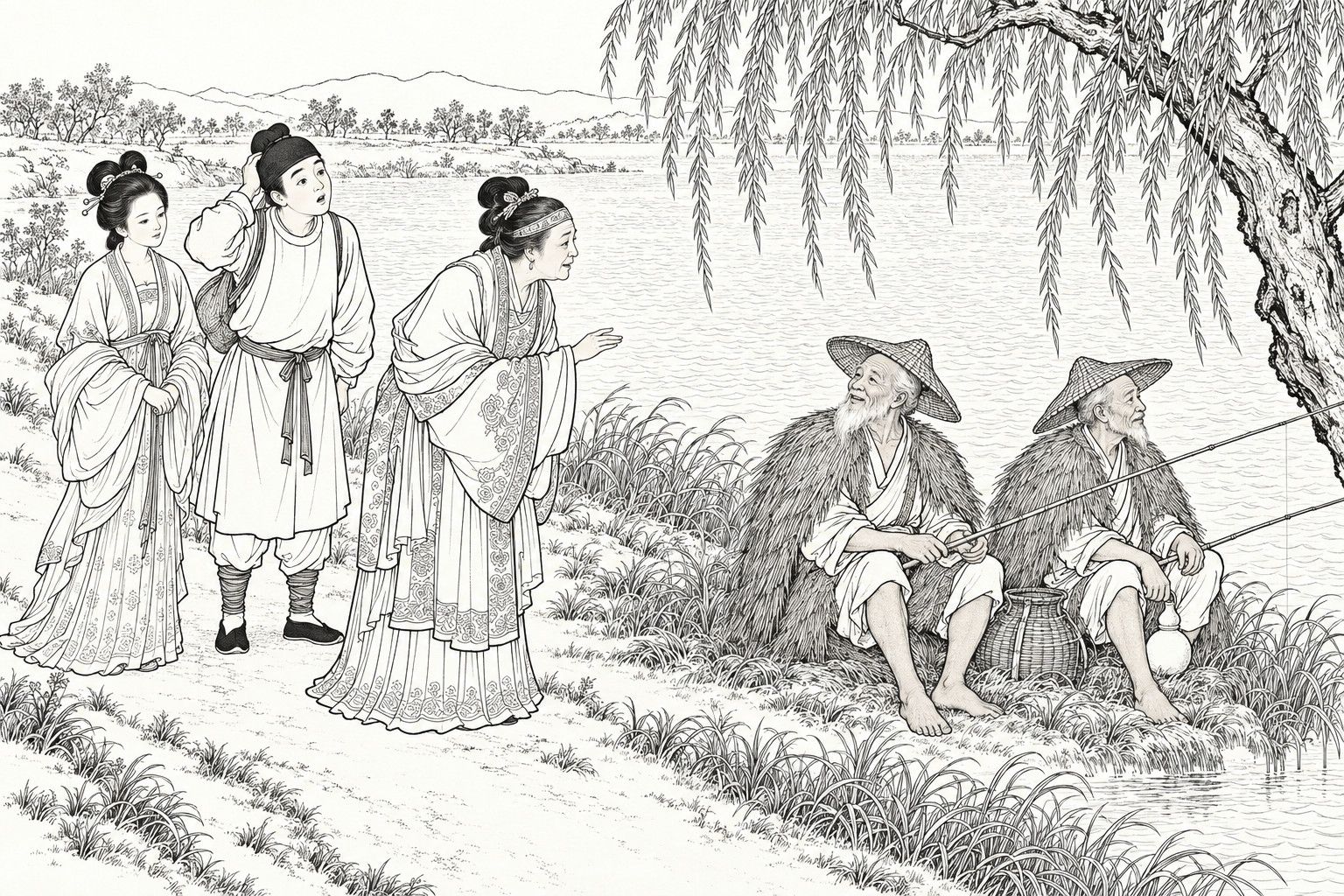 A line drawing in the manner of a late-Qing lithographed edition: on a river bank under a great willow, two white-bearded old fishermen in straw capes and woven hats sit side by side with rods and a gourd, one turning to answer an elderly lady who bends toward them with an open hand, while a young woman and a youth scratching his head stand behind her on the path.