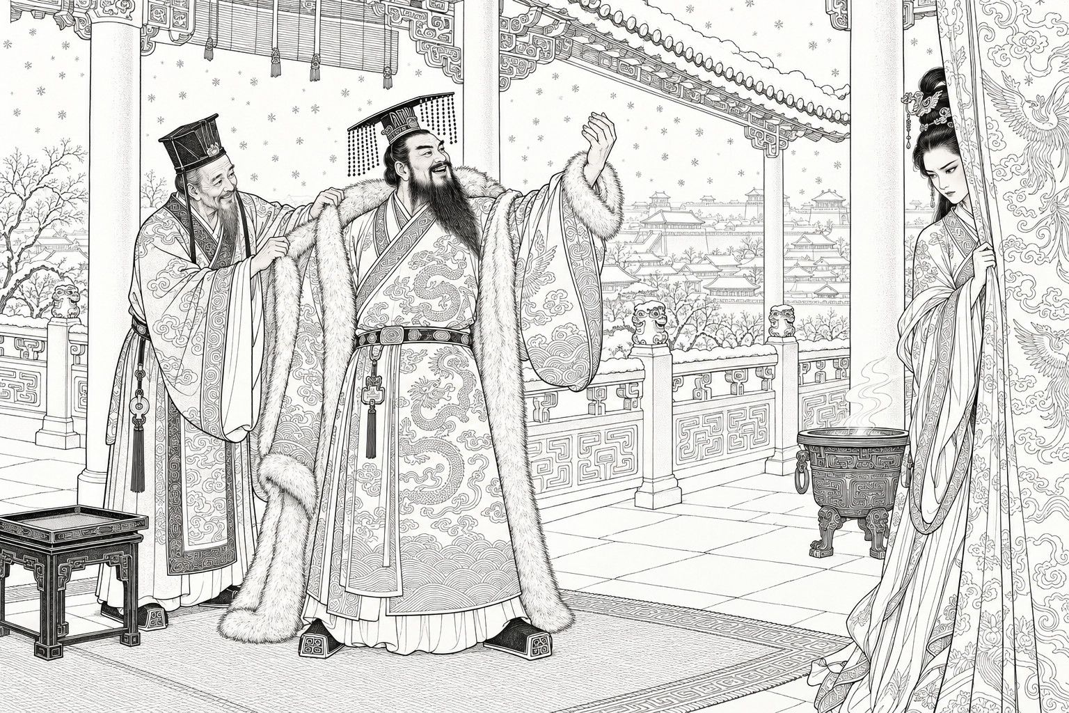 A line drawing in the manner of a late-Qing lithographed edition: in a snowy pavilion on the terrace, a minister smiles as he helps King Zhou into a heavy fur-lined robe, the king laughing with one arm raised to show the fur cuff, while the consort Daji watches with a cold, tight face from behind a heavy embroidered curtain at the right.
