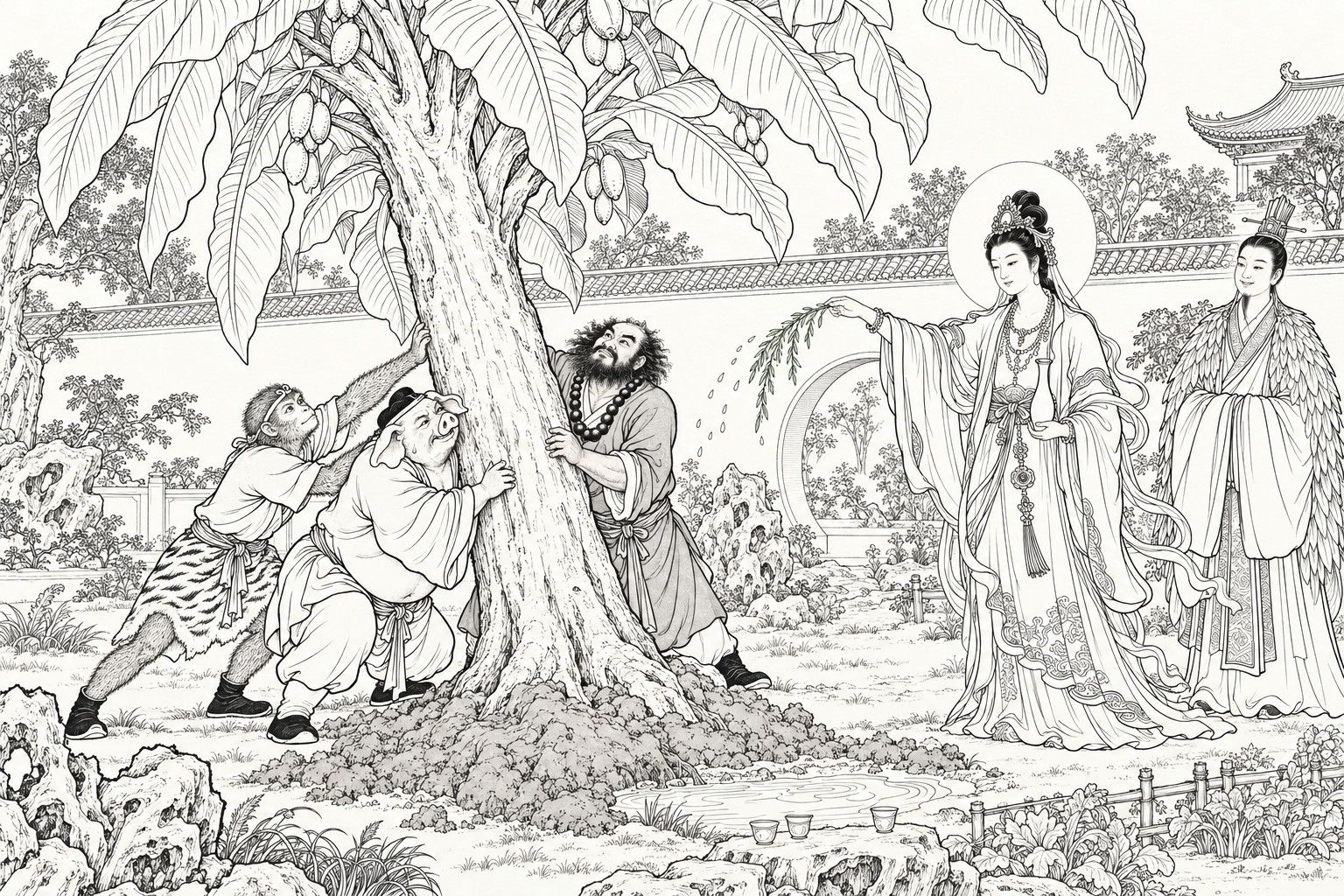 A line drawing in the manner of a late-Qing lithographed edition: in a walled orchard garden by day, a monkey-faced disciple, a pig-faced disciple and a bearded disciple strain to hold a great broad-leaved fruit tree upright over heaped earth, while a haloed Bodhisattva holding a slender vase sprinkles water on it from a willow sprig and a feather-cloaked Daoist lord stands by with his hands in his sleeves, a moon gate, garden rocks and a small pool behind them.